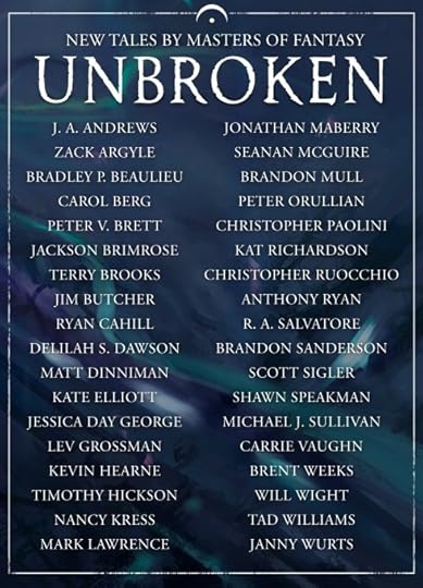 Cover for the anthology 'Unbroken', featuring the title and a list of contributing authors.