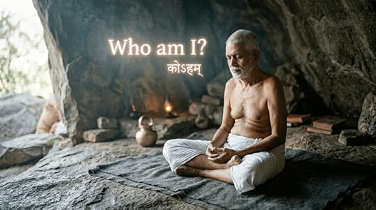 Elderly man meditating cross-legged in a cave with text 'Who am I?' and its Sanskrit translation