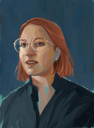 Nikoline Kaiser by J.J. Epping. portrait of the author, a woman with round glasses, white skin, red shoulder-length hair and small hoops in her ear. 