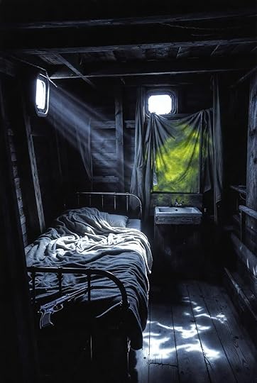 A narrow wooden ship cabin at night, dimly lit by cold slivers of moonlight slanting through small porthole windows. A simple iron-framed cot with a tangled wool blanket sits against one wall. Across from it, a small washbasin mounted on worn wood, above which hangs a rectangular mirror. No other mirror is present in the cabin. The cabin walls are rough-hewn dark timber, creaking and weathered. Faint moonlight distorts across the floorboards in pale, warped streaks. The atmosphere is oppressive, liminal — caught between waking and dreaming. A pistol rests on the edge of the cot. The air feels cold despite the warmth implied by the blanket. Shadows pool in the corners unnaturally deep. The overall palette is desaturated silver, ash gray, and deep navy, with a single sickly yellow-green tint emanating from behind the covered mirror, bleeding faintly through the fabric weave. Hyperrealistic, painterly, chiaroscuro lighting. No text, no people, no creatures visible.
