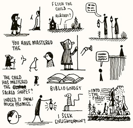 Small sketchbook doodles in black ink showing a small child, cloaked figures, an isolated house and a forest.