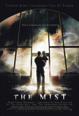 Movie poster for 'The Mist' featuring a man holding a child, gazing out at a misty landscape, with the title and tagline 'Fear Changes Everything'.