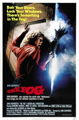 A vintage movie poster for 'The Fog', featuring a woman holding a flashlight, with fog and shadows creating a mysterious atmosphere. The title is prominently displayed in red, along with credits for John Carpenter and the film's tagline warning about something in the fog.
