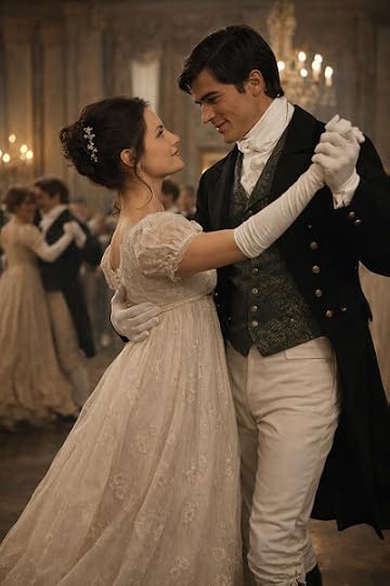 Romantic Regency ballroom waltz scene with couple dancing in period costume, white empire waist gown and gentleman in green brocade waistcoat, candlelit historical setting