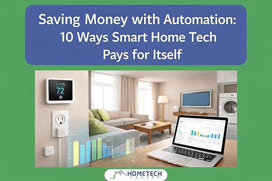 Saving money with automation feature image with smart plug, laptop with energy saving graph, smart thermostat in a living room