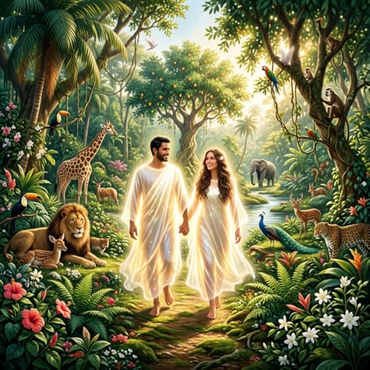 A glowing couple walking barefoot holding hands on a path in a lush garden with various animals like lion, giraffe, elephants, monkeys, and birds