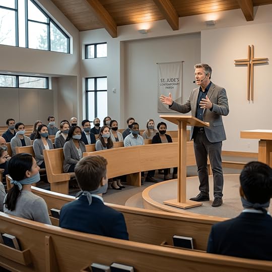 Pastor speaking at podium to seated congregation wearing masks in church