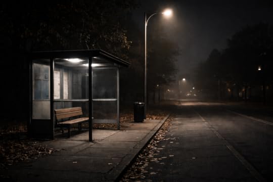Empty bus stop at night with a lit shelter, fallen leaves, and a quiet street.