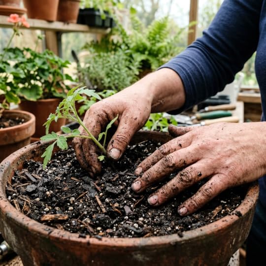 Hands planting a small green seedling in a terracotta pot with soil