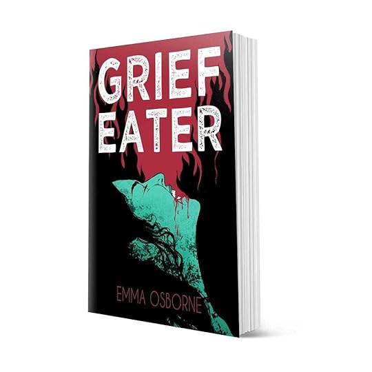 Cover art grief eater by emma osborne woman with head thrown back, dark curly hair and blood pouring out of open mouth, bloody background with flames
