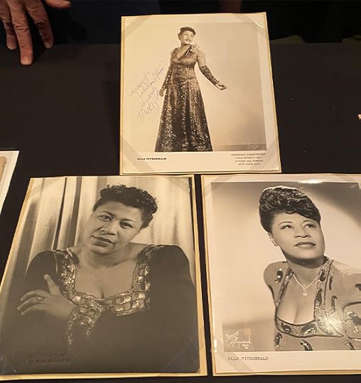 Three black and white photos of Ella Fitzgerald. Two are high-fashion, black-and-white publicity photos. The other is a head and shoulders portrait, in which Fitzgerald gazes plaintively at the camera, with no makeup and simply dressed.