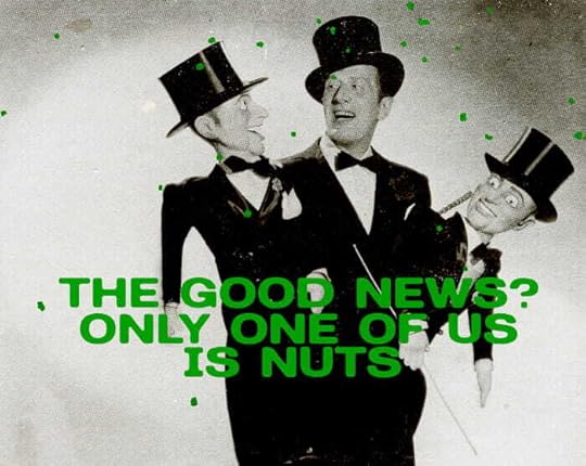 A vintage black and white of a man in a top hat with two ventriloquist dolls, saying, 