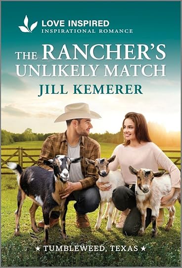 Cowboy with pretty woman in meadow with 3 goats. The Rancher's Unlikely Match by Jill Kemerer. Tumbleweed Texas series