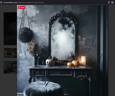 A dark-themed bedroom decor featuring a vintage mirror with an ornate frame, a black dresser adorned with Halloween decorations including a carved pumpkin, a candle, and a floral arrangement, set against a cloudy backdrop.