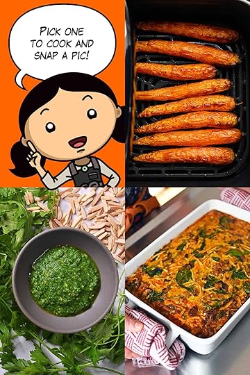A cartoon Michelle Tam is surrounded by pictures of the three dishes featured in the May Cooking challenge: air fryer carrots, Italian sausage breakfast casserole, and arugula pesto.
