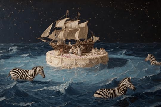 Visit https://almostmeaningful.com/derelict-pears-on-satin-prayers | Reading Ulysses in Montana #258 | Oil painting in the style of Caravaggio of a ship on the high seas atop a birthday cake, children all around and the dark night twinkling stars over the swimming pool. A zebra.