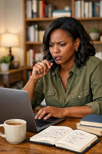Writer editing her manuscript at a desk with an open notebook and laptop in a home office.