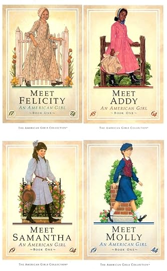 Four American Girl book covers, each one featuring a girl in period dress, walking and smiling. Addy is Black American, while Felicity, Samantha, and Molly are white.