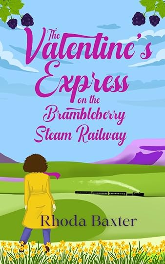 Book cover. Title text in pink. The background is a Yorkshire Moorland landscape with green and purple under a blue sky. There is a black steam train going across the landscape. The foreground is a woman in a yellow coat, facing away, standing in a field of yellow daffodils