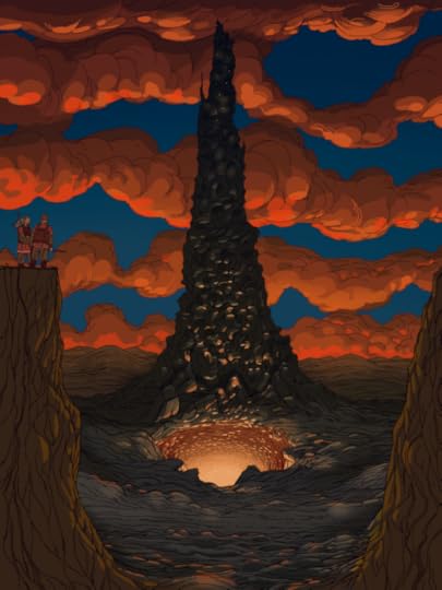 A massive black spire stands over a glowing, volcanic rift, framed by two cliffs. Two small soldier figures stand on the left cliff face, staring out at the menacing landscape. The style is intricately detailed, with billowing, underlit clouds in the background