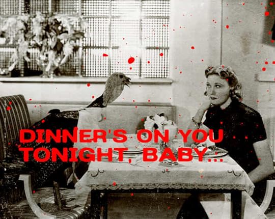A vintage black and white photo of a woman having dinner with a turkey, which says 