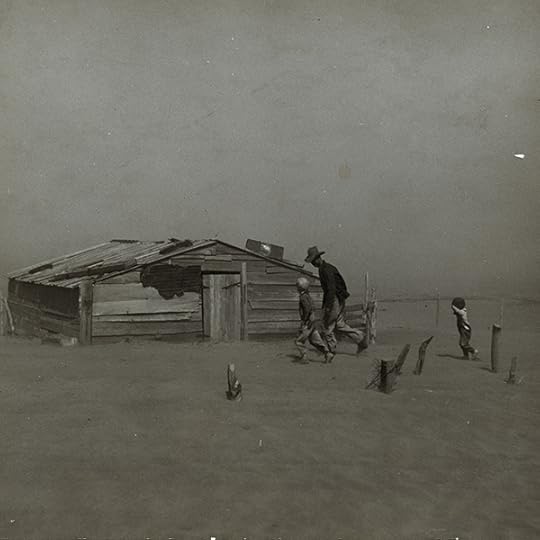  Farmer and young sons walking past a dilapidated shed in the face of a dust storm.