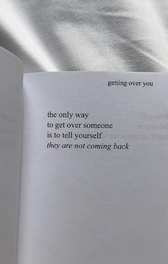 This may contain: an open book with the words getting over you on it's page, sitting on a bed