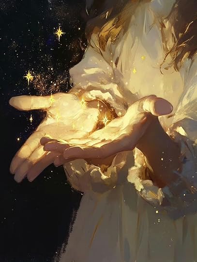 This may contain: a woman holding out her hands with stars in the background