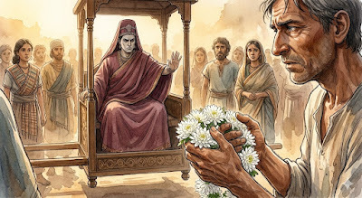 Ularad holding a white chrysanthemum garland while being rejected by the Royal Scholar in a palanquin, illustrating the Ularad Complex in Shon Mehta’s Stories of Jivavarta.