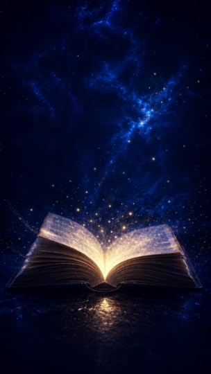 Glowing magical book beneath a blue cosmic sky