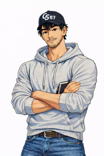 A young man with dark hair wearing a gray hoodie and a black baseball cap, standing with arms crossed and holding a notebook.