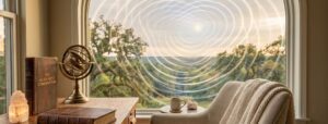 Interior with large window, desk and cozy chair representing creator beings alignment