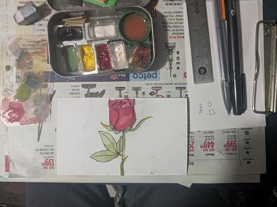 Line and wash painting of a rose