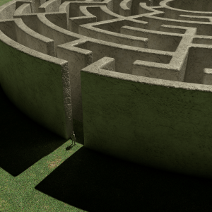 Person standing at the entrance to a massive labyrinth