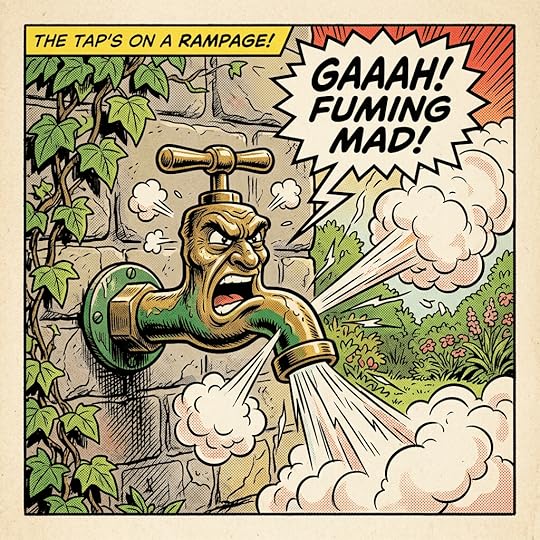 An angry brass water tap mounted on a stone wall sprays water and steam with force.