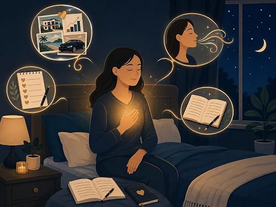 A calm woman sits in bed at night with a warm glow over her heart, surrounded by visual reminders of gratitude, prosperity images, journaling, and a bedtime mantra to reprogram subconscious mind while sleeping.