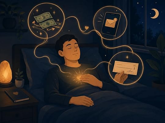 A peaceful person falls asleep with a golden glow over their heart, surrounded by money, messages, and a check visualization to reprogram subconscious mind while sleeping.