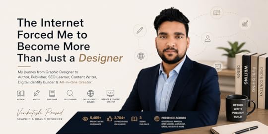 Minimal editorial-style banner representing Venkatesh Prasad’s journey from graphic and brand designer to author, publisher, SEO learner, content strategist, and digital identity builder through books, publishing platforms, personal branding, and building visibility across the modern internet.