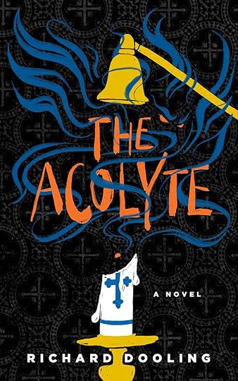 Cover art for Richard Dooling's new novel, The Acolyte. It features a candle with a candlelighter above it, and smoke coming from an extinguished candle with the features of a spooky face barely visible in the smoke.