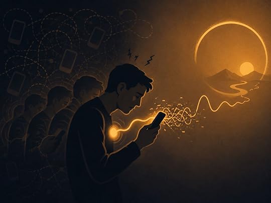 A hunched person anxiously checks their phone as a golden manifestation signal becomes tangled and disrupted, showing how chasing energy blocks your ability to manifest anything you want fast.