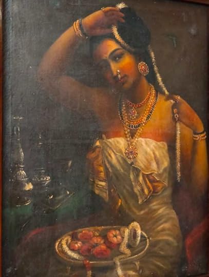 The painting 'Nair Lady Adorning Her Hair' by Ravi Varma. 