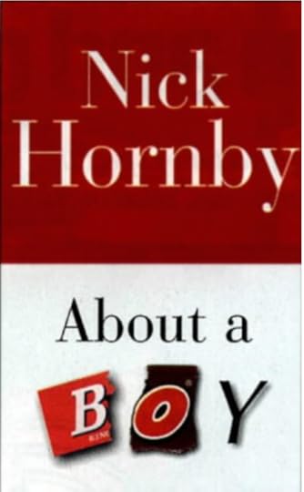A book cover. The book is called About a Boy and it's by Nick Hornby. The cover is horizontally split into two, with the top half being red and the bottom half being white.