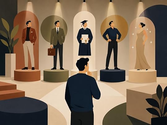A flat vector illustration of a person looking at idealized versions of success, confidence, credentials, and appearance, symbolizing the hidden belief that worthiness must be earned before state of being manifestation can happen.