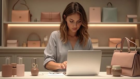 valuation estimate - Fashion brand pricing strategy with a female entrepreneur adjusting price tags and checking sales metrics at a retail counter