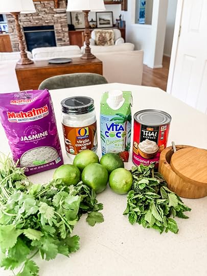  Ingredients for mango chicken coconut rice bowl including jasmine rice, coconut water, coconut cream, chicken thighs, fresh mango, English cucumber, limes, cilantro, and mint