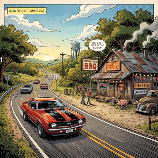 Classic red muscle car driving on Route 66 past Smokin' Dave's BBQ cabin with people and vintage truck