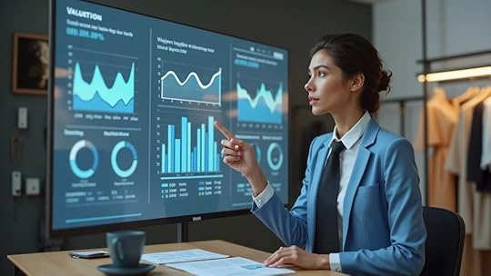 Modern business analyst explaining fashion brand valuation graphs on digital screen in Houston. Business valuation services in Houston.