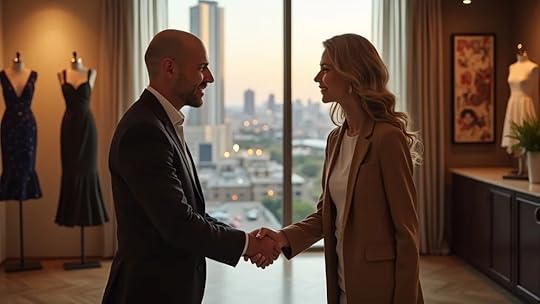 Valuation analyst and fashion brand owner shaking hands after agreeing on business valuation services in Houston, with Houston skyline in background.