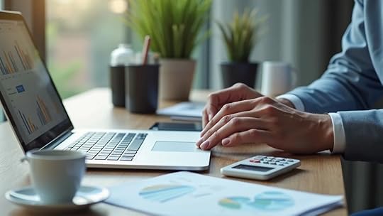 Modern digital workspace analyzing small business valuation with a calculator and spreadsheets for fashion accessory brands