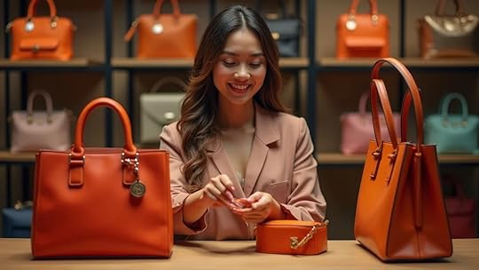 Confident fashion entrepreneur reviewing luxury handbags, proud of business valuation improvements in boutique workspace